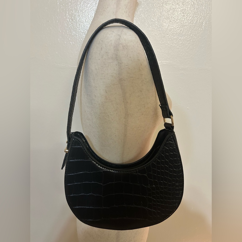 Black Crocodile-Embossed Shoulder Bag